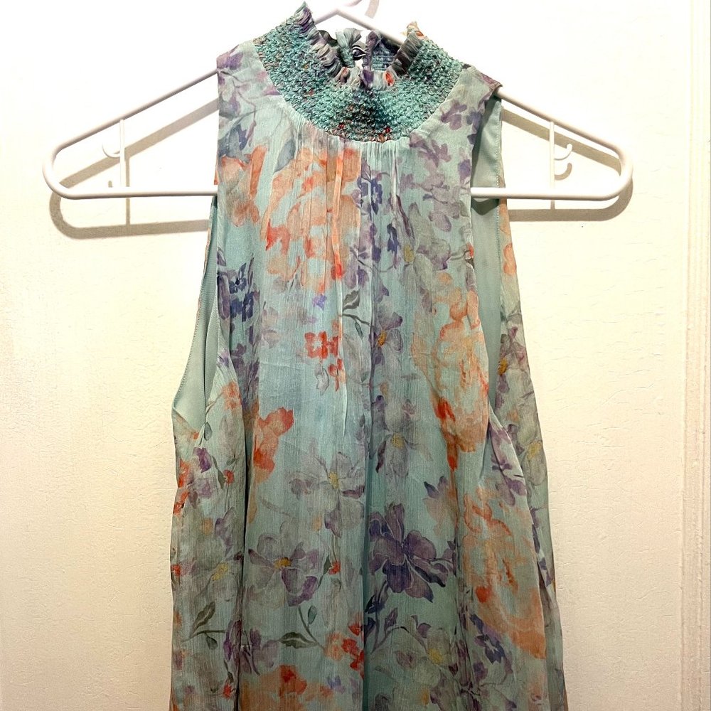 SOLD Alice + Olivia Green Floral Sleeveless Halter Neck Blouse Top Women's Sz XS - Picture 1 of 7